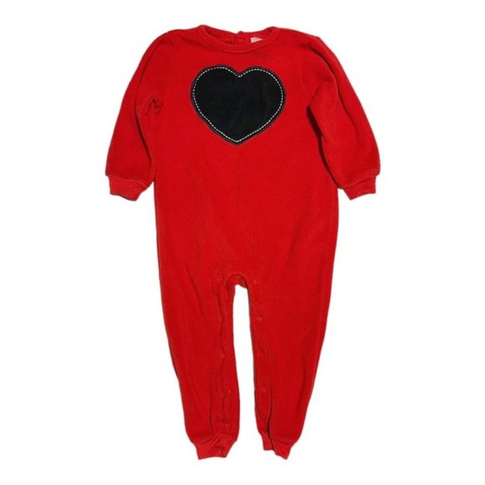 Toddler Girls Red Fleece Black Heart Patch One Piece PJ's